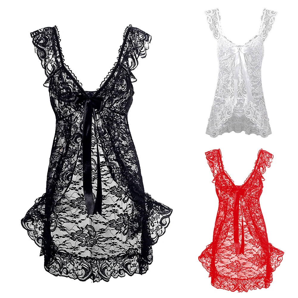 Для женщин пикантные Ruffled Sheer Кружево платье с бантом + стринги Babydoll Комплект