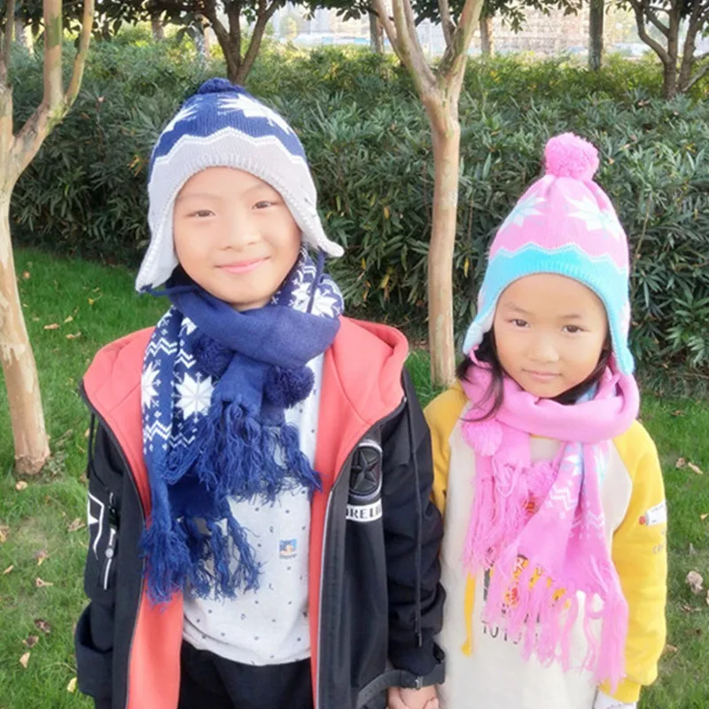 new warm plush thick smile embroidery wool ball baby beanies + scarf sets boys girls caps collars kids winter wear 1-5 years hat |