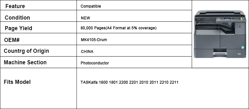 Совместимый фотобарабан для картриджа Kyocera KM1800 TASKalfa 1800 1801 2200 2201 2010 2011 2210 2211 барабанный цилиндр