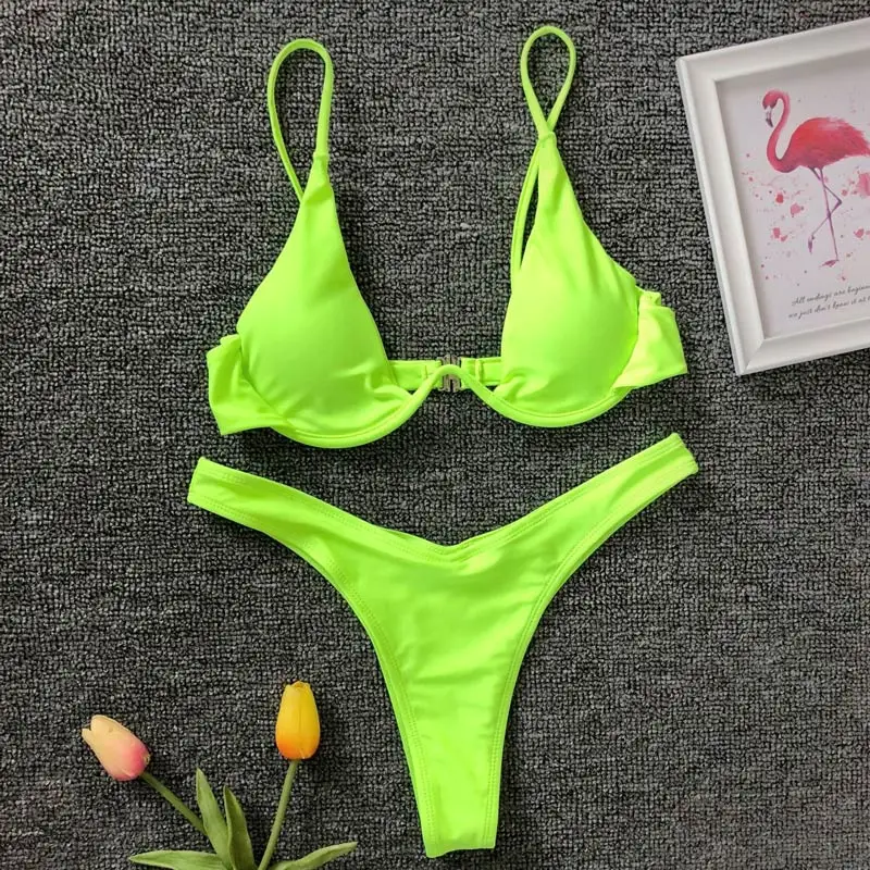 Neon Green Сексуальный V-bar бикини на косточках женский купальник Женская одежда для плавания комплект бикини из двух частей V образная проволока купальный костюм V439 - Цвет: Neon Green