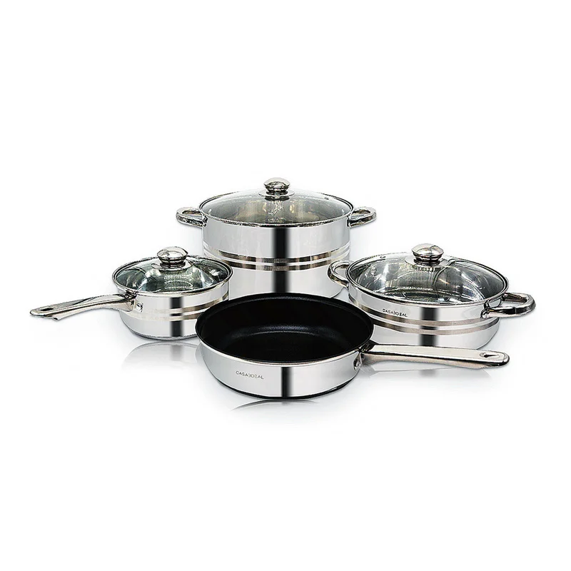 Набор посуды Grand Innovation из нержавеющей стали с медным антипригарным воком, кастрюлей и сковородок с стеклянной крышкой.