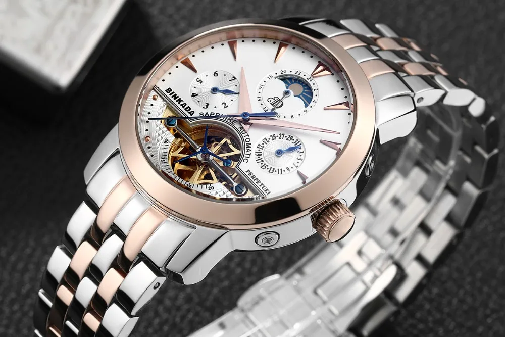 Скелет Бизнес Мужские автоматические часы Топ люксовый бренд спорт Tourbillon механические розовое золото повседневные само ветер BINKADA часы
