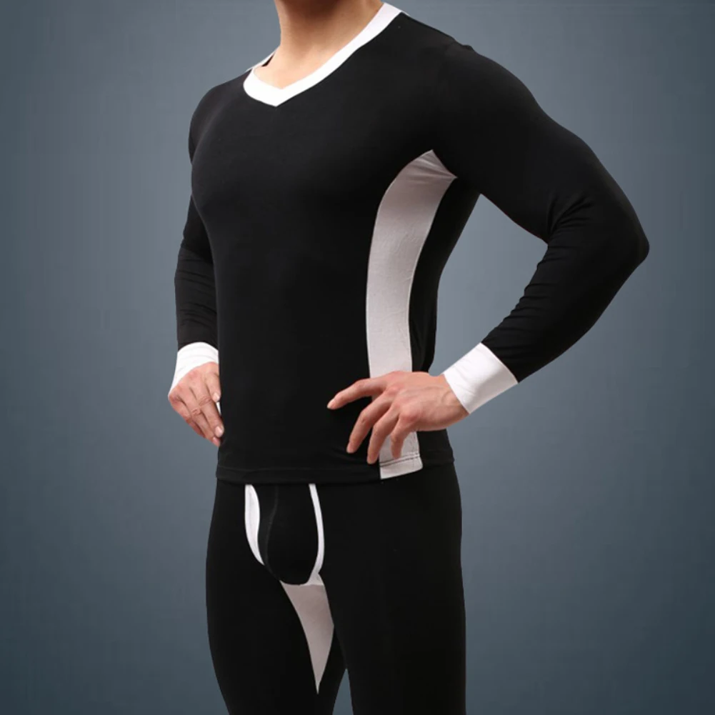 Winter Men Ultra Soft Color Block Thermal Underwear Set Top T-Shirt + Long Pants | Мужская одежда