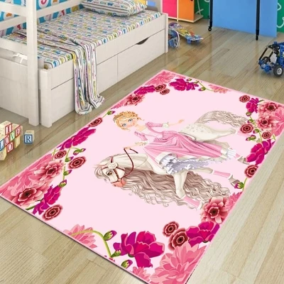 

Else Pink Princess on Horses Flowers Frame Girl 3d Print Non Slip Microfiber Children Kids Room Decorative Area Rug Kids Mat