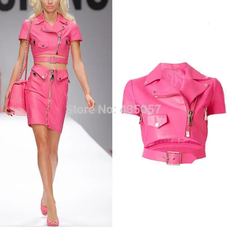 

2019 Summer fashion women's slim motorcycle leather jacket spring autumn women pu leather trench coat pink black