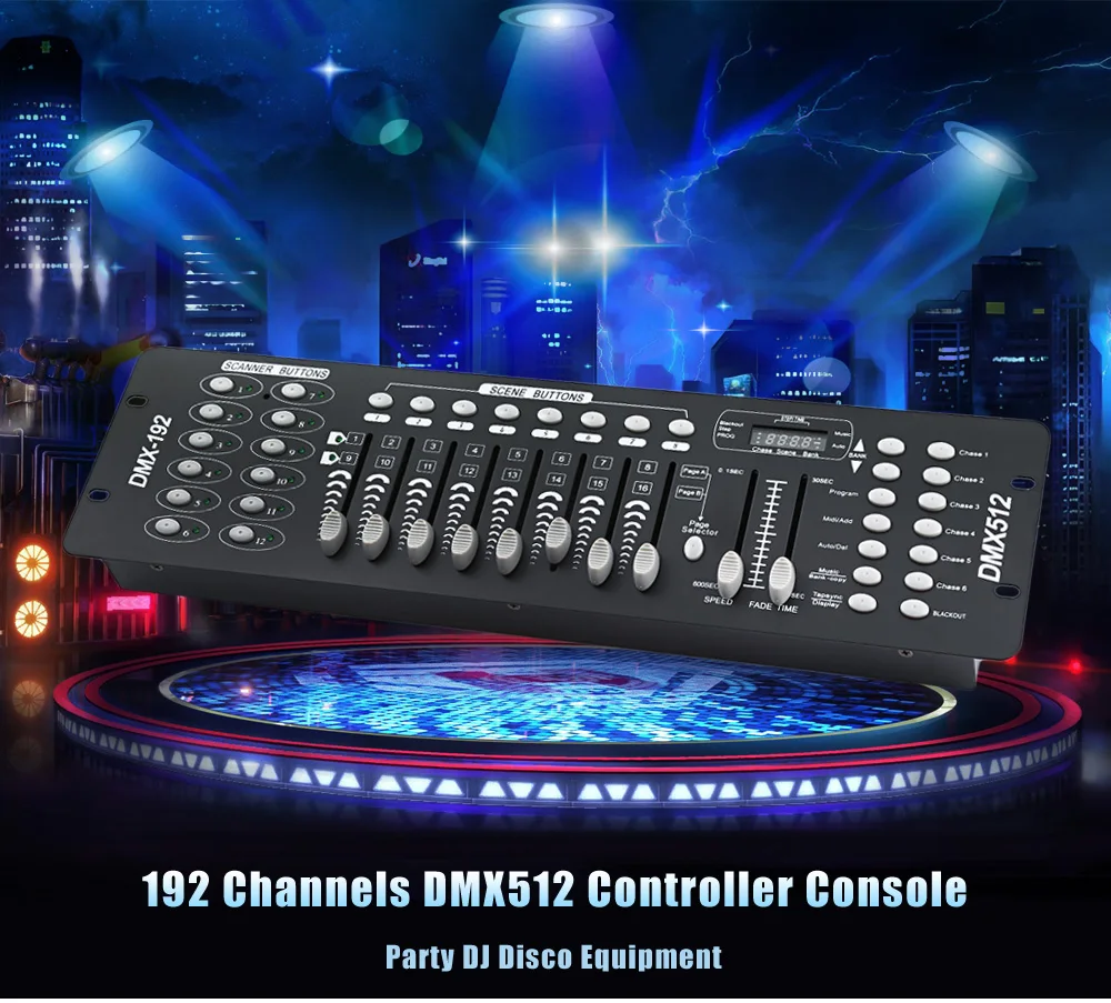 DMX 192 Console Specifications: 1.192DMX CHANNEL  2. 8 Programmable SCENES.  3.8 adjustable potentiometer to adjust the output s