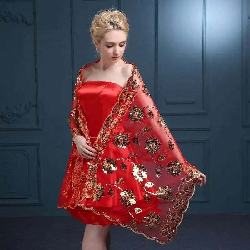 Red Bridal Wraps Lace Sequins Embroidery Wedding Belero Women Dresses Accessories Free Shipping Long Cape | Свадьбы и торжества