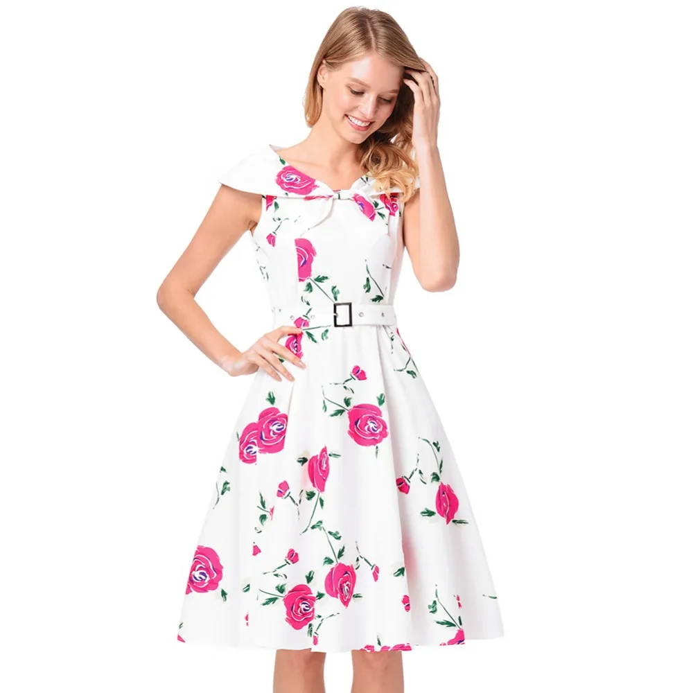 2018 summer new print dress women's lapel hepburn retro style formal midi with belt | Женская одежда
