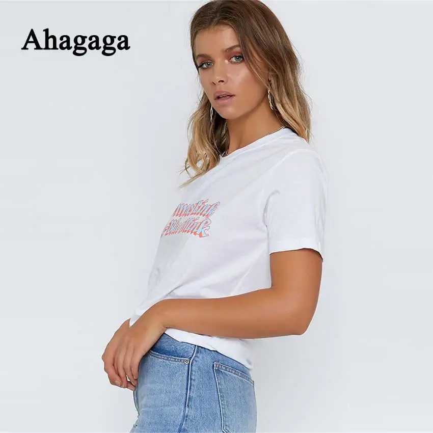 Женские футболки с круглым вырезом Ahagaga летние буквенным принтом и блузки для