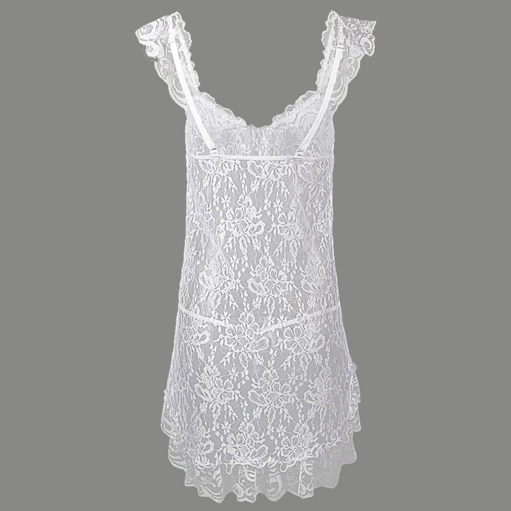 Для женщин пикантные Ruffled Sheer Кружево платье с бантом + стринги Babydoll Комплект