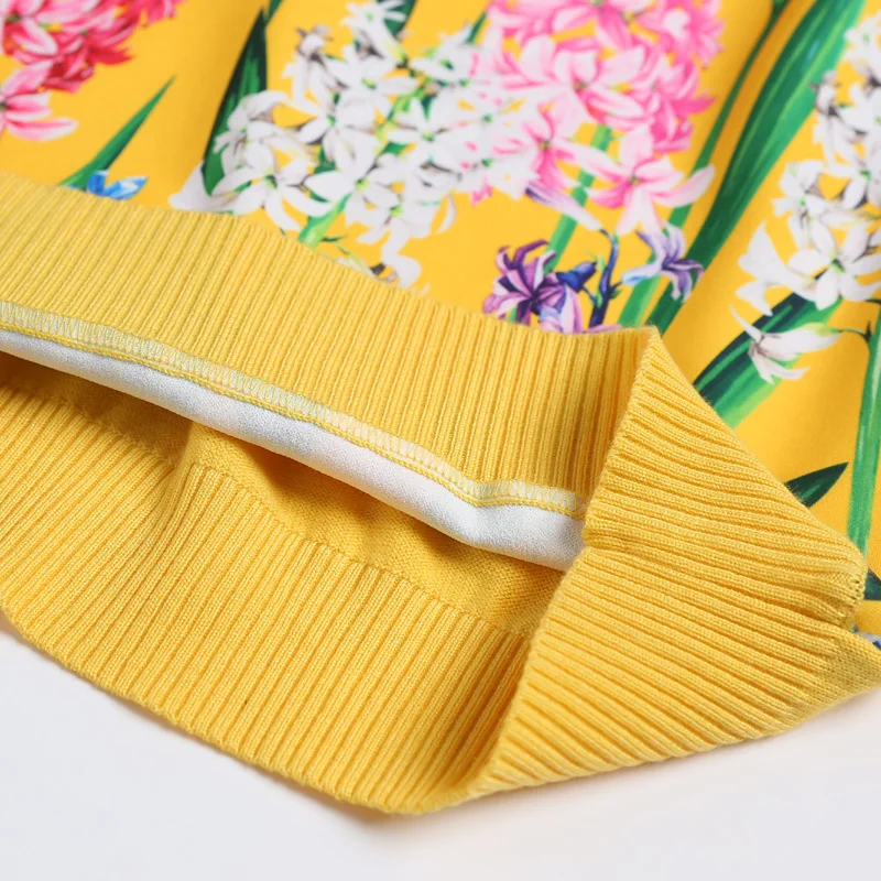 2019 Spring Runway Fashion Pullover Sweater Women V-neck Long Sleeve Yellow Flowe Print Wool knitted Top | Женская одежда