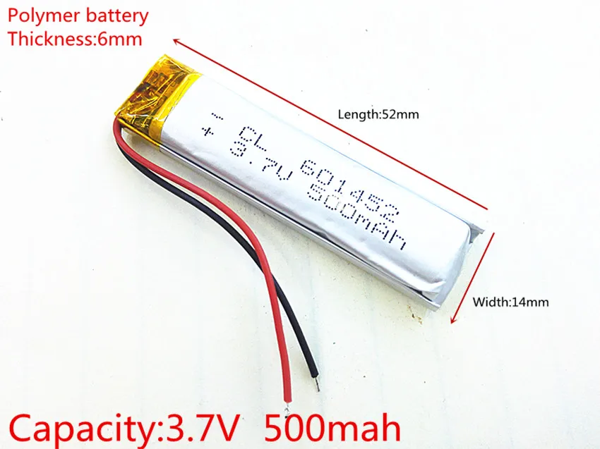 

3.7V,500mAH,[601452] Polymer lithium ion / Li-ion battery for MP3,MP4;cell phone,speaker;power bank,DVD,GPS,VR,DVR