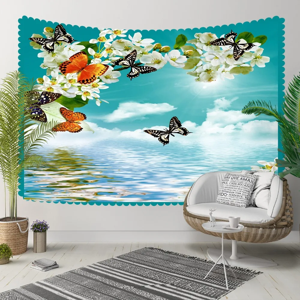 

Else Blue Sky White Clouds Butterfly Flowers Floral 3D Print Decorative Hippi Bohemian Wall Hanging Landscape Tapestry Wall Art