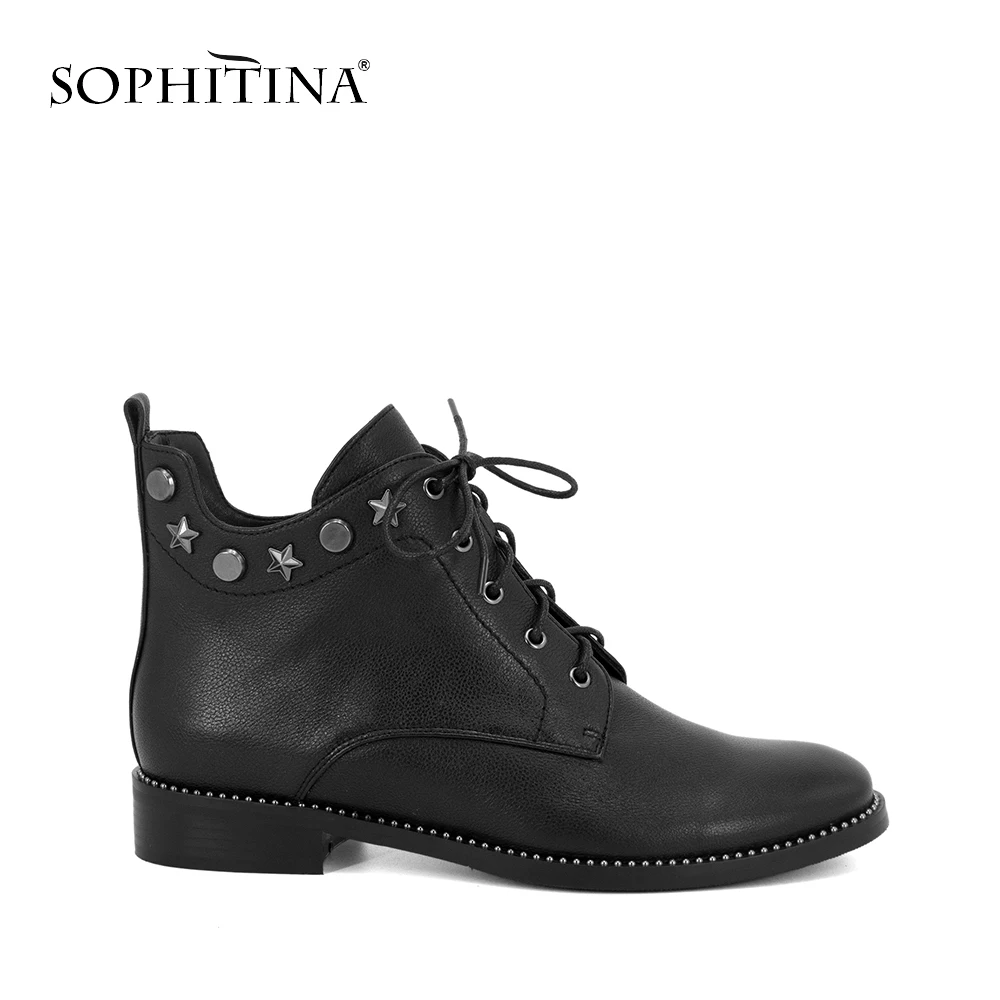 SOPHITINA/Уникальные Брендовые ботильоны; женская обувь из натуральной кожи на шнуровке; модные ботинки ручной работы на квадратном каблуке с круглым носком и заклепками; M49