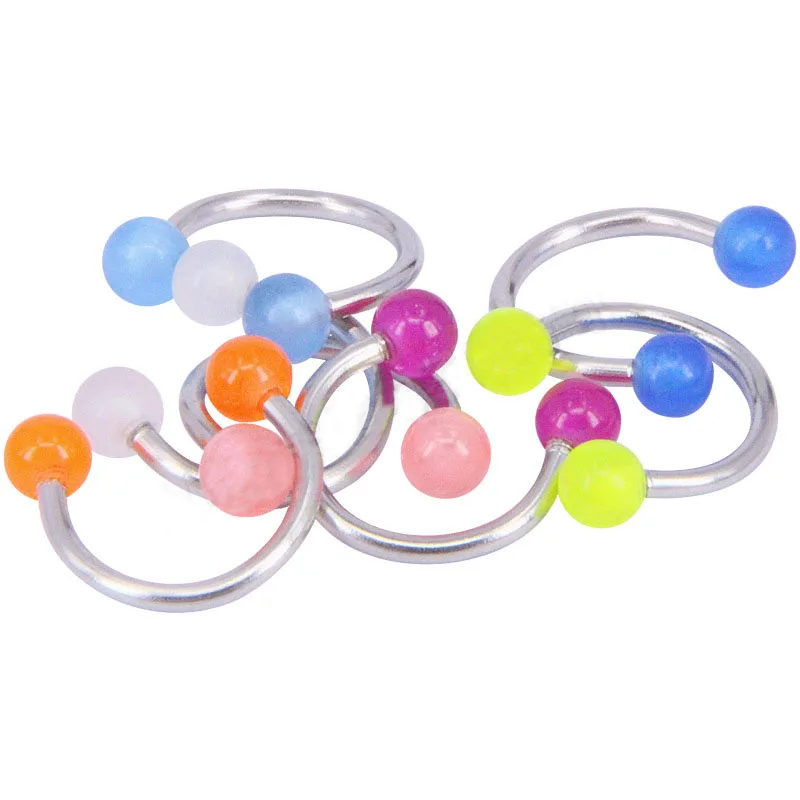 10 штук светящихся проколов кольца для носа с акриловыми шариками, подковой, штырьком для губы, светящимся в темноте пирсингом соска, брови и украшением для тела.