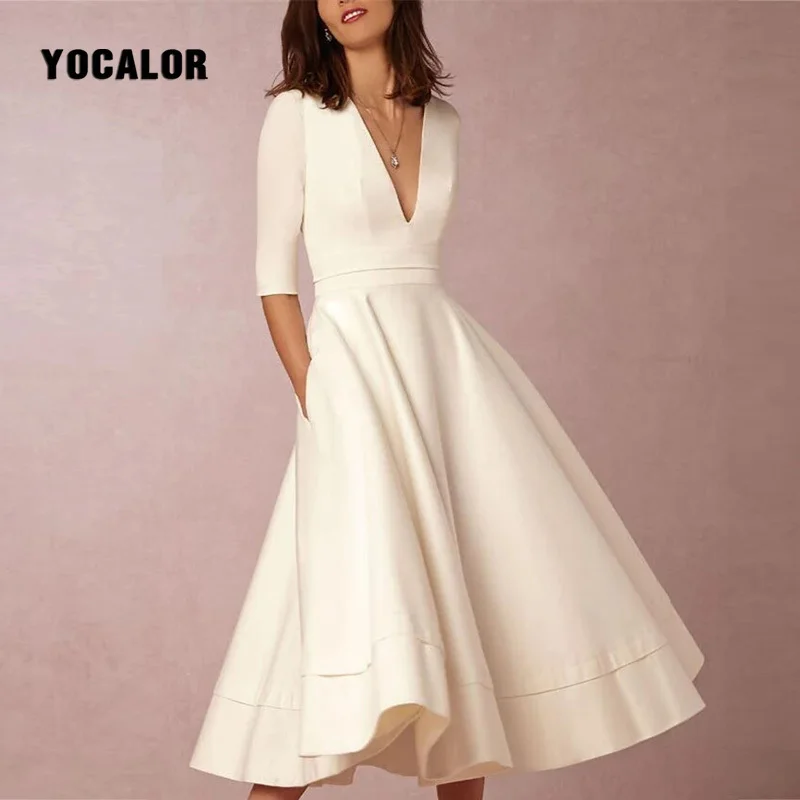 YOCALOR Женщины Платье Линия Черный Тонкий Подол Midi платье Vestidos Mujer Solid Урожай Плюс