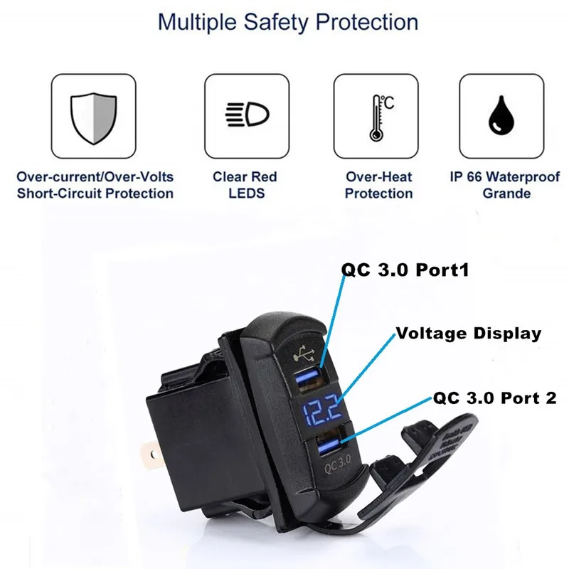 Автомобильное зарядное устройство Chenes синее USB двойной QC3.0 с вольтметром