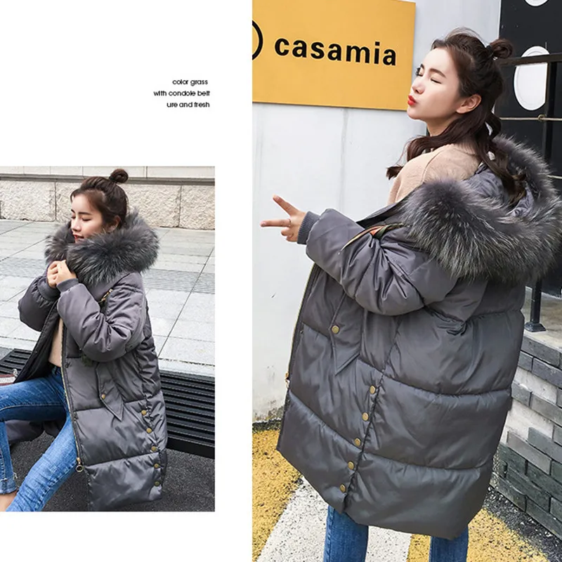 

2018 Winter Korean New Women Hooded Solid Color Long Parkas Loose Large Size Fur Collar Fashion Thick Warm Cotton Coat LQ107