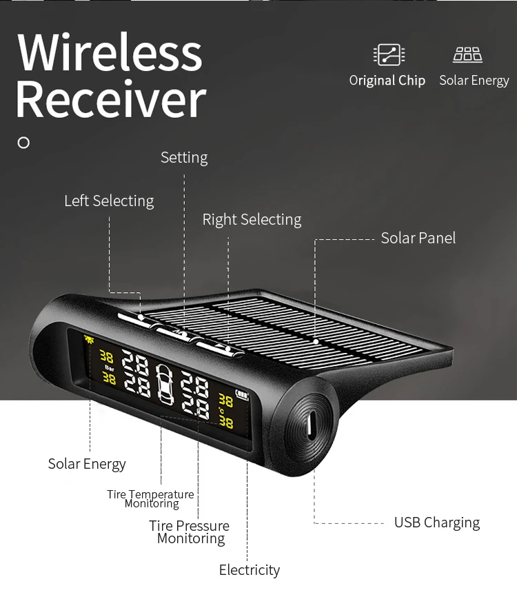 Solar Power USB TPMS Car Tire Pressure Monitoring System LCD Display 4 External Sensors for driving safe Temperature Warning |