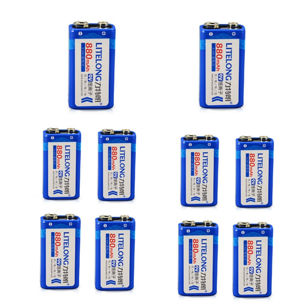

LITELONG 10pcs/lot 9v SUPER BIG 880mAh li-ion lithium Rechargeable 9 Volt Battery Manufacturer's warranty FREE SHIPPING