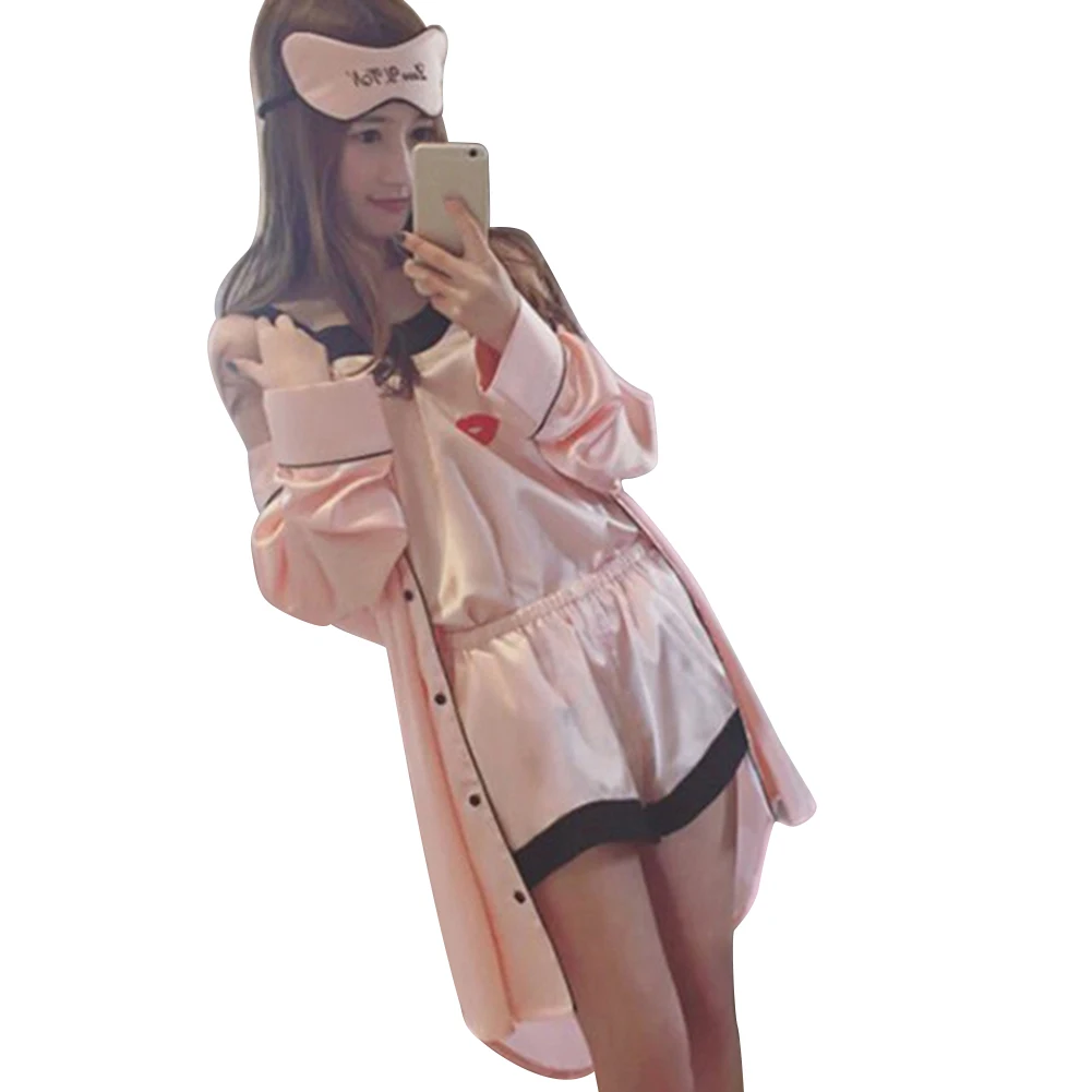 Розовые женские пижамные комплекты из 4 предметов шелковые пижамы в полоску на