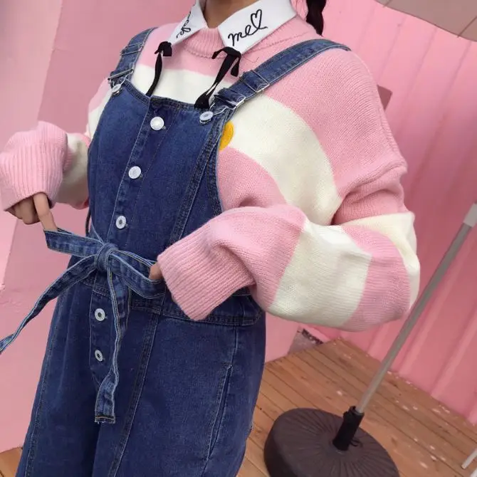 Женский свитер кавайная морская Луна вышивка Harajuku полосатый круглый вырез карамельных цветов длинный рукав вязаный свитер Ulzzang