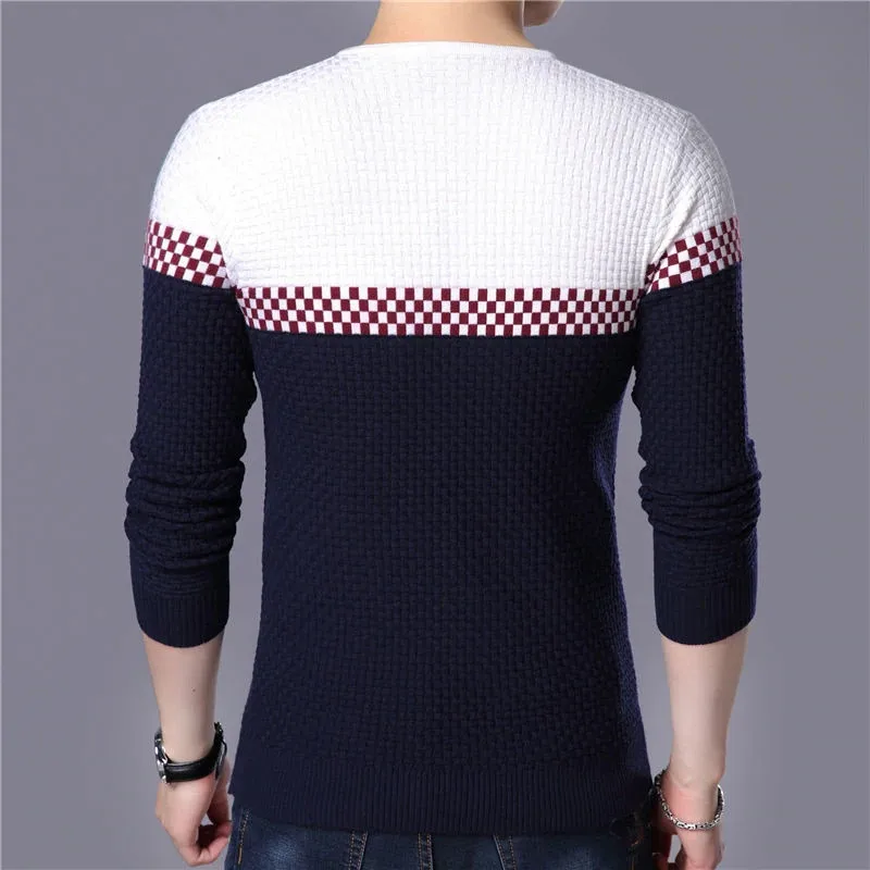 2018 Autumn Winter Brand Sweater Warm Wool Sweaters Casual Hit Color Patchwork V-neck Pullover Men Slim Fit Cotton | Мужская одежда