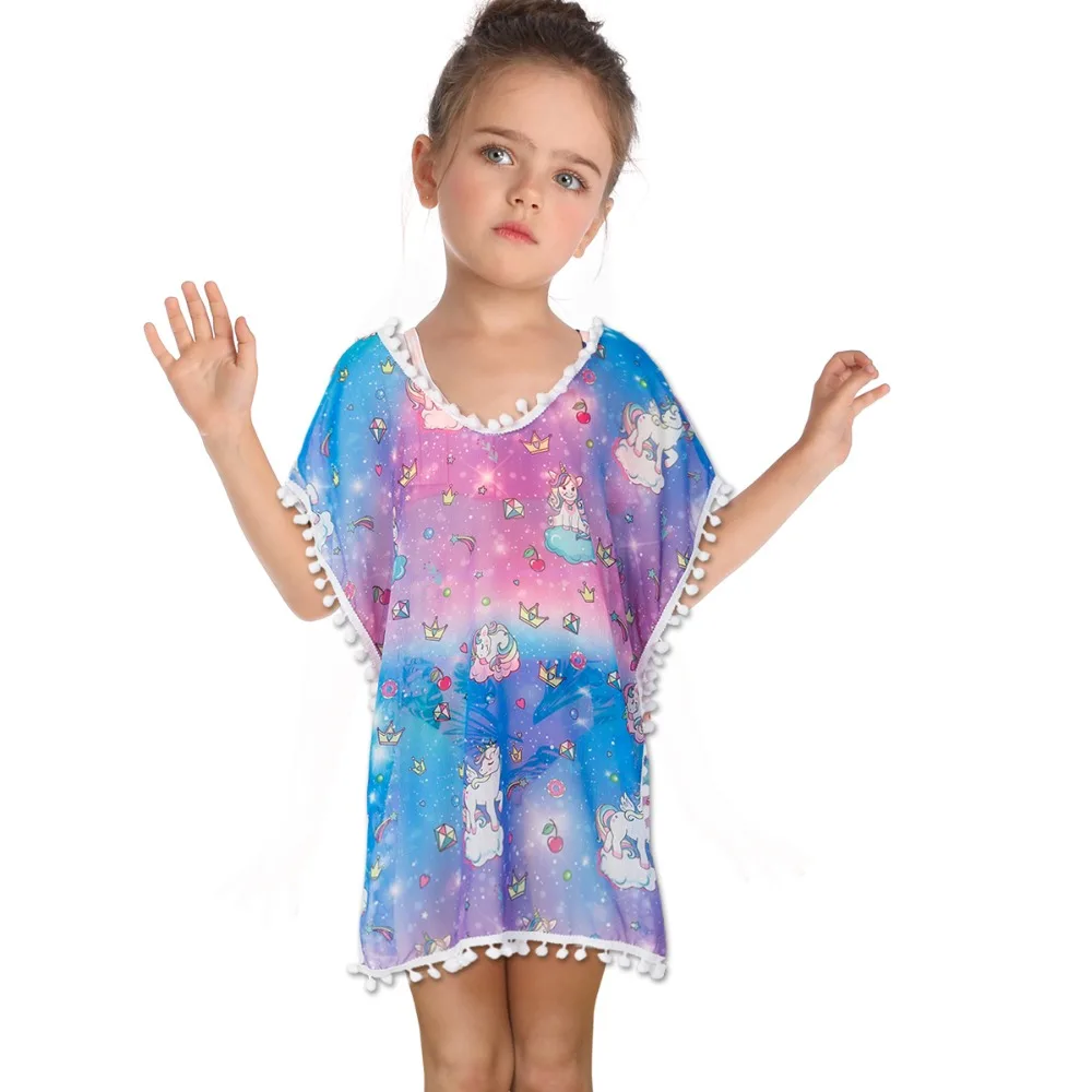 New Fashion Kid Girls Chiffon Unicorn Cover-up Rainbow Beach Swimsuit Coverup Pompom Tassel Pink White Kids Cover up | Детская одежда и