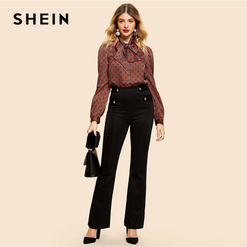 SHEIN Нарядная Блузка С Винтажным Принтом И Бантом Офисная Длинным Рукавом| |