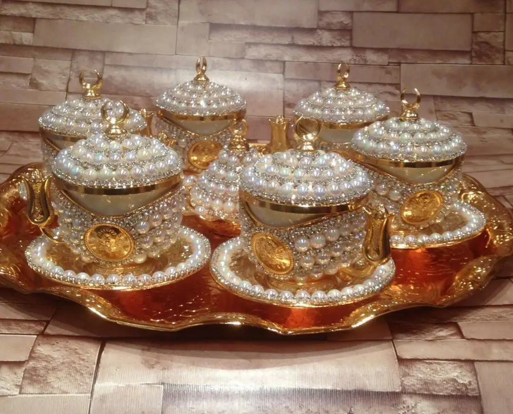 6 человек кофе набор кристаллы и бусины серебро n Золото Цвет фарфор с