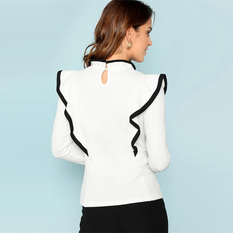 Dotfashion, белая футболка с оборкой, пуговицами и замочной скважиной на спине, женская повседневная одежда, топы с воротником-стойкой, весна-осень, Корейская футболка