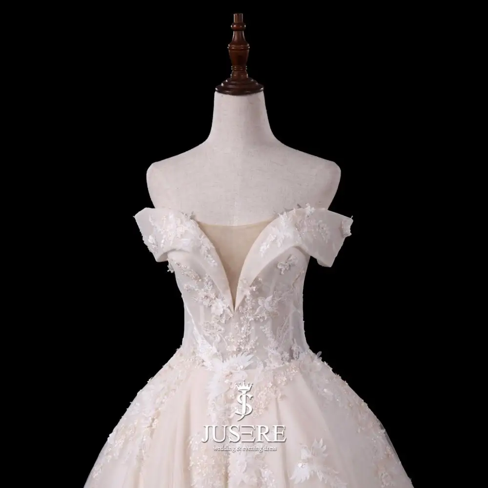 JUSERE vestido de noiva, свадебное платье цвета слоновой кости,, Кружевная аппликация, ручная работа, расшитая бисером, с открытыми плечами, со шлейфом, свадебные платья с вуалью
