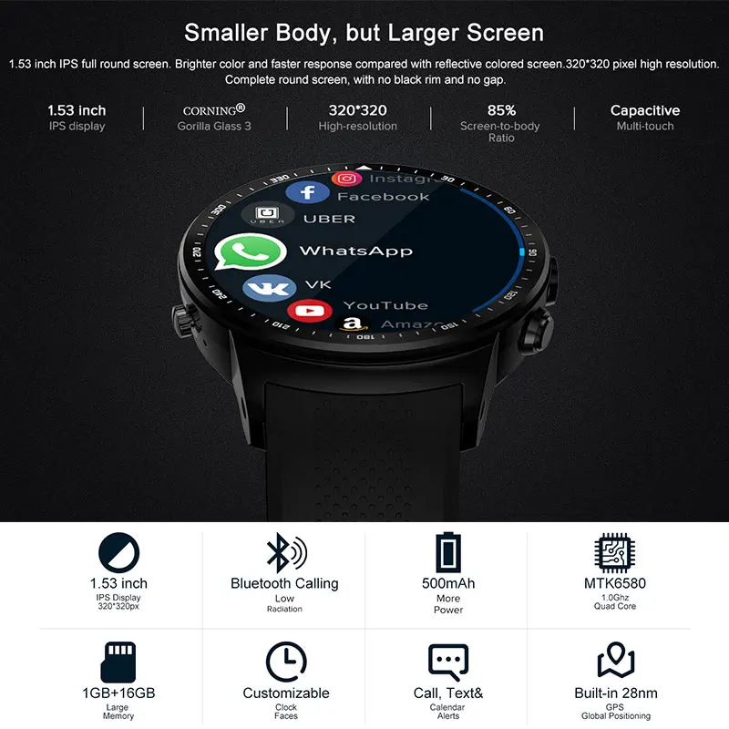Zeblaze Thor PRO 3G GPS умные часы 1 53 дюймов Android 5 MTK6580 0 ГГц Гб + 16 BT 4 носимые устройства