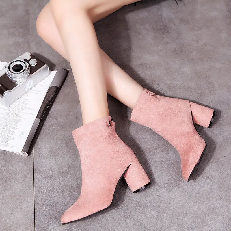 HIZCINTH 2017 Winter Women's Boots Round Head High Heels Short Pink Color Fashion Ankle Suede Shoes B | Обувь