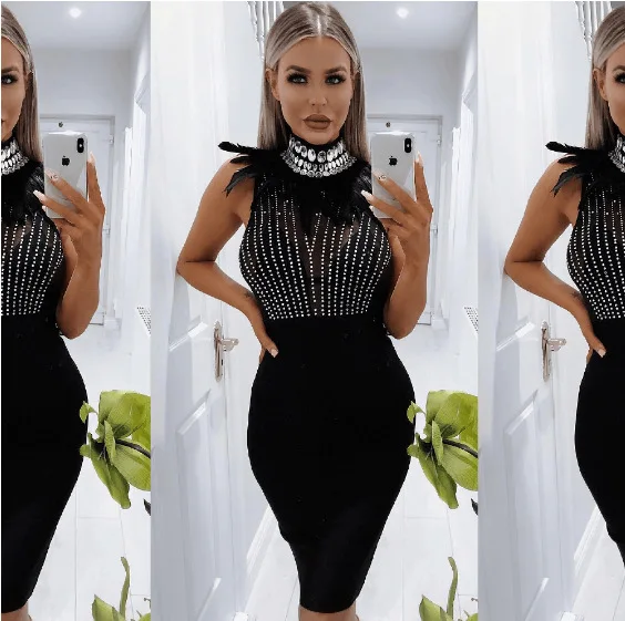 Для женщин летнее праздничное платье выдалбливают Тощий Bodycon Винтаж камни алмаз модная одежда элегантный летнее платье-халат Vestidos