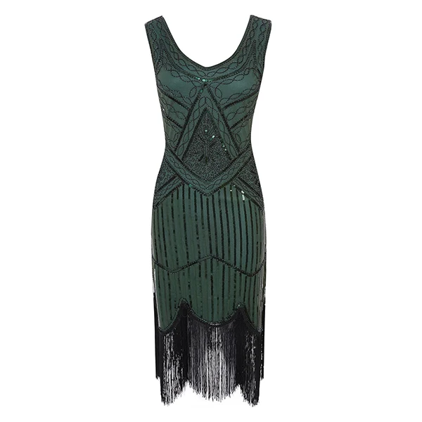 Женское вечернее платье 1920 s, отличная Хлопушка в стиле Гэтсби, Vestidos, блестки, бисер, бахрома, вечернее платье с v-образным вырезом, украшенное бахромой, без рукавов - Цвет: Green