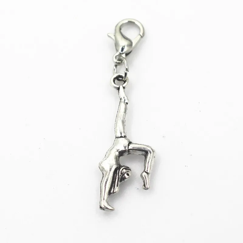 

2018 New 20pcs/lot Silver Gymnastics Sports Dangle Charms Hanging Lobster Clasp Charm DIY Jewelry Accessories Necklace Pendant
