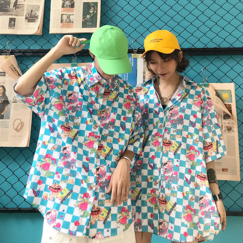 Cartoon Letter Plaid Shirt Short Sleeve Turn Down Collar Women Men Long Blouses Shirts Spring Summer Casual Loose Unisex |