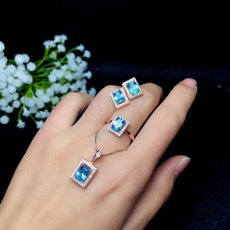 KJJEAXCMY exquisite jewelry 925 Silver-inlaid Natural Blue Topaz Earrings Rings and Necklace Taoz Support Detection | Украшения и