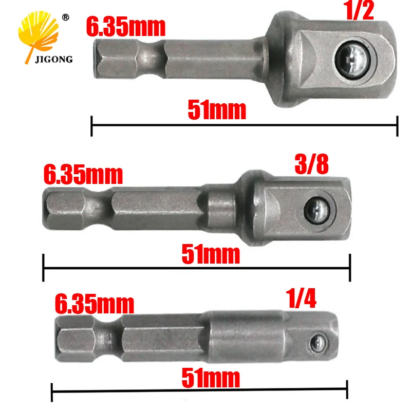 JIGONG 3 Sizes Socket Adapter Set 1/4 Hex Shank To 1/4