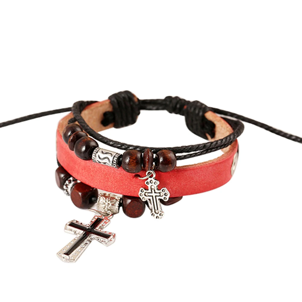 Vintage The Cross Pendant Multilayer Beads Faux Leather Braid Bracelet Bangle | Украшения и аксессуары
