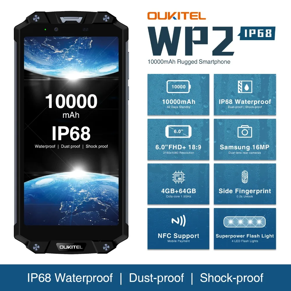 OUKITEL WP2 IP68 водонепроницаемый мобильный телефон 4 Гб 64 MT6750T Восьмиядерный 6 0 дюймов