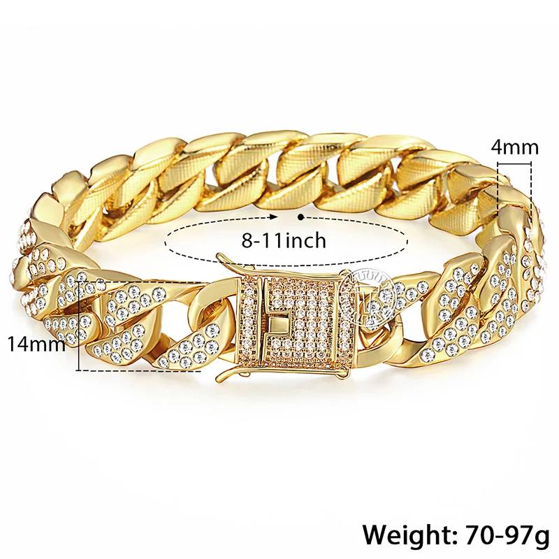 Womens Men's Bracelets Hip Hop Gold Miami Curb Cuban Link Chain For Woman Male Jewelry Gifts Dropshipping 14mm KGB409A | Украшения и