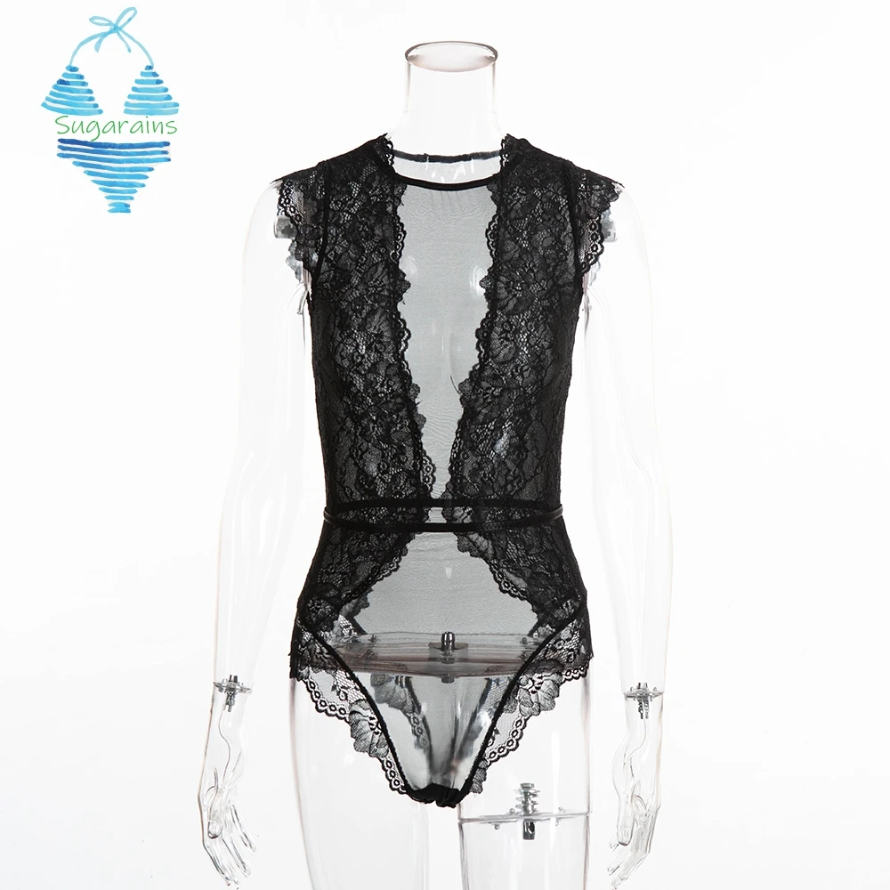 2019 Кружевное боди женское летнее без рукавов облегающее Сетчатое Боди черное