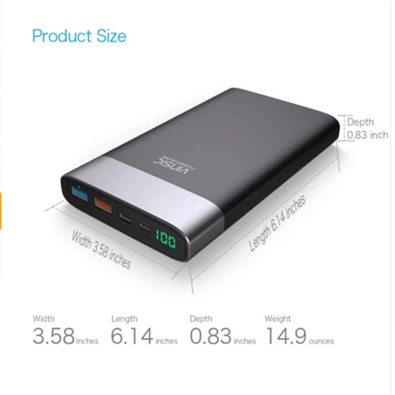 Vinsic 20000 мАч запасные аккумуляторы для телефонов Quick Charge повербанк тип c Dual USB