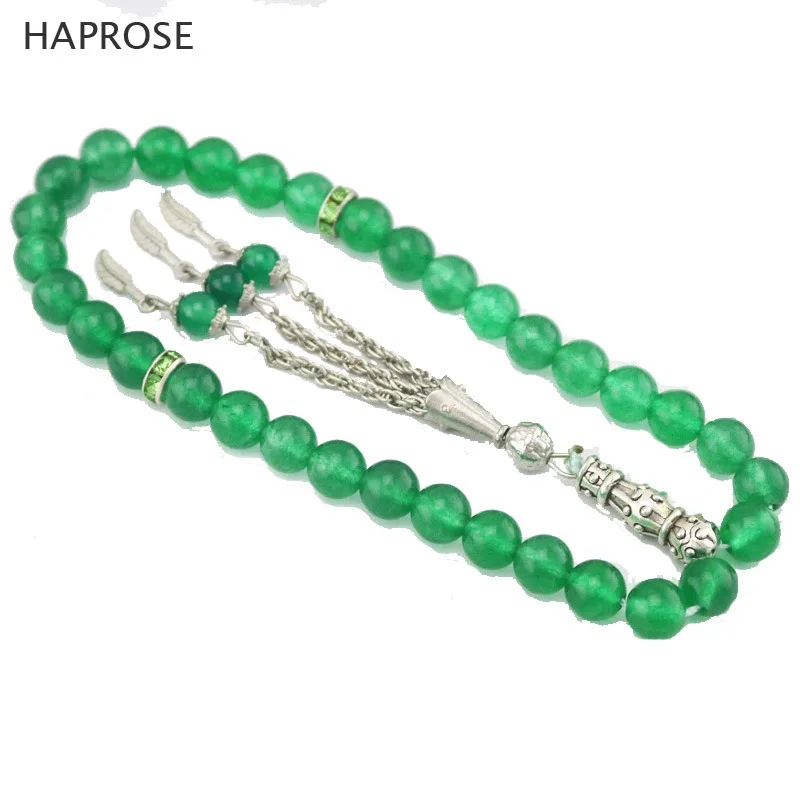 

Натуральный зеленый желтый Агат, 33 бусины, кисточка, камень круглой формы 10 мм, бусы для молитвы, мусульманский тасбих, исламский браслет