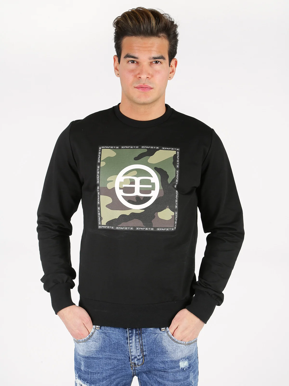 Хлопок с круглым вырезом и принтом в стиле милитари|Мужские толстовки свитшоты| |