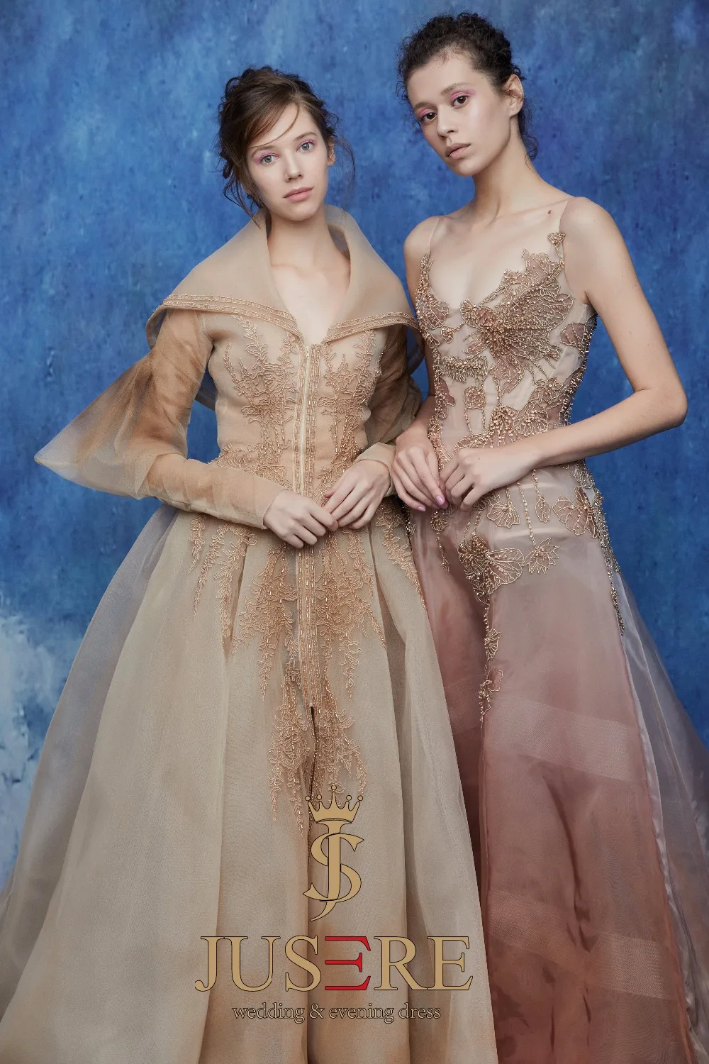 JUSERE FASHION SHOW Champagne Long Evening Dress Beaded Sleeveless See Through Floor Length Party Gown robe de soiree