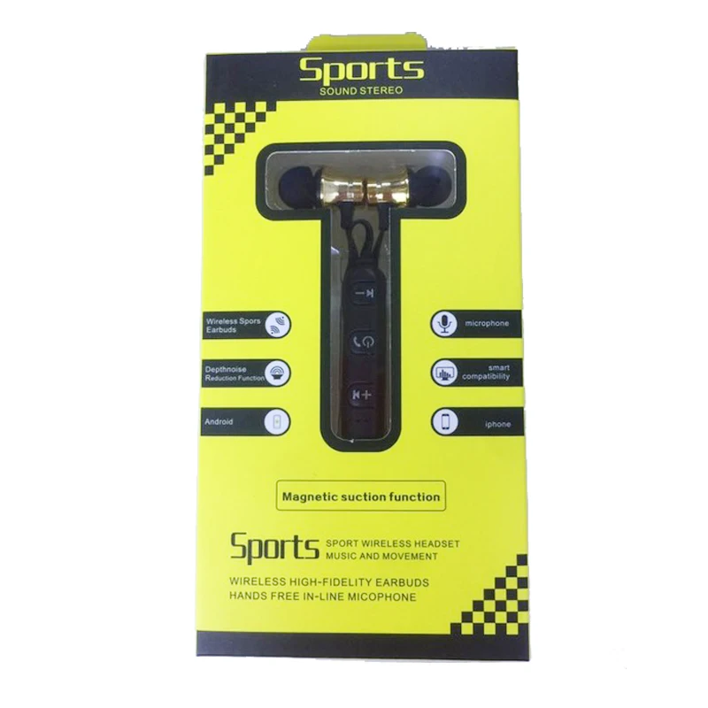 Gold with box Спортивные Bluetooth наушники, беспроводные наушники, гарнитура для бега, стерео наушники с супер басами, наушники с защитой от пота, с микрофоном для мобильного телефона - Цвет: Gold with box