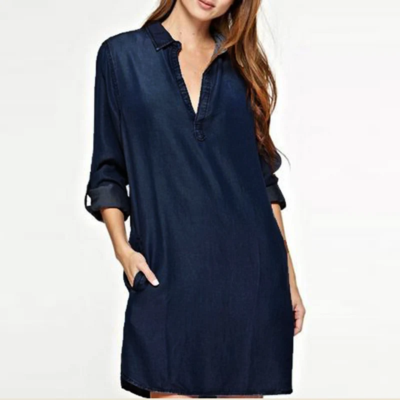 Женское джинсовое мини платье с глубоким вырезом v образным и длинным рукавом